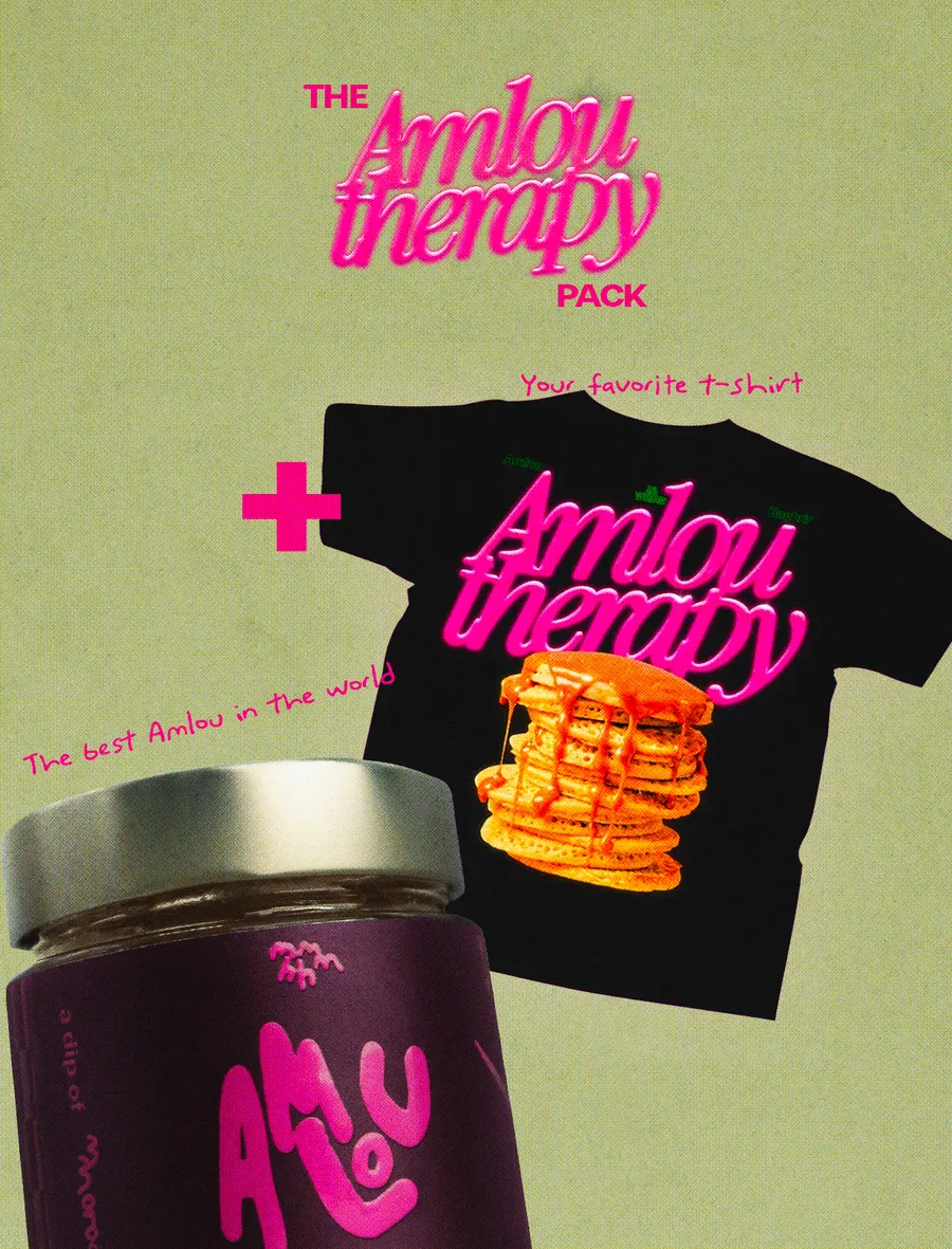 The Amlou Therapy pack: a jar of MMMHH amlou and a black Amlou Therapy t-shirt